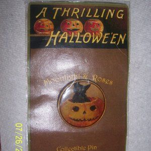 RARE HALLOWEEN VINTAGE MOONLIGHT & ROSES BLACK CAT IMAGE PIN NEW!